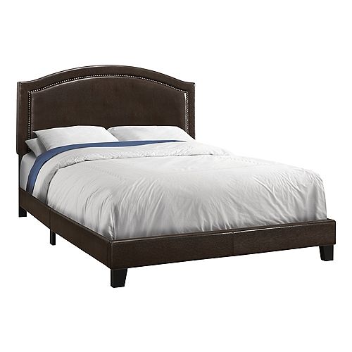 Monarch Specialties Bed - Queen Size Brown Leather-Look With Brass Trim