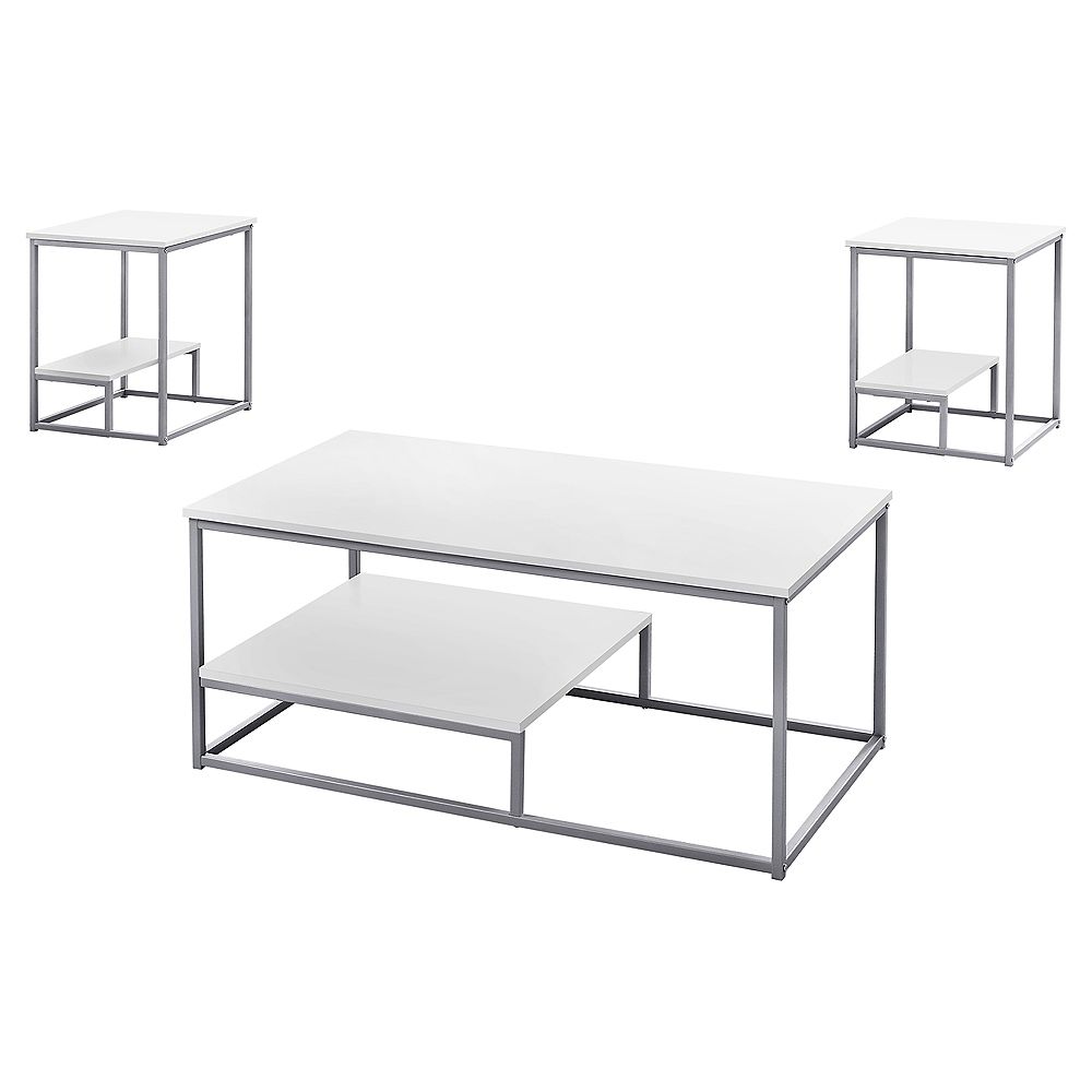 Monarch Specialties Table Set 3 Piece Set White Silver Metal The Home Depot Canada