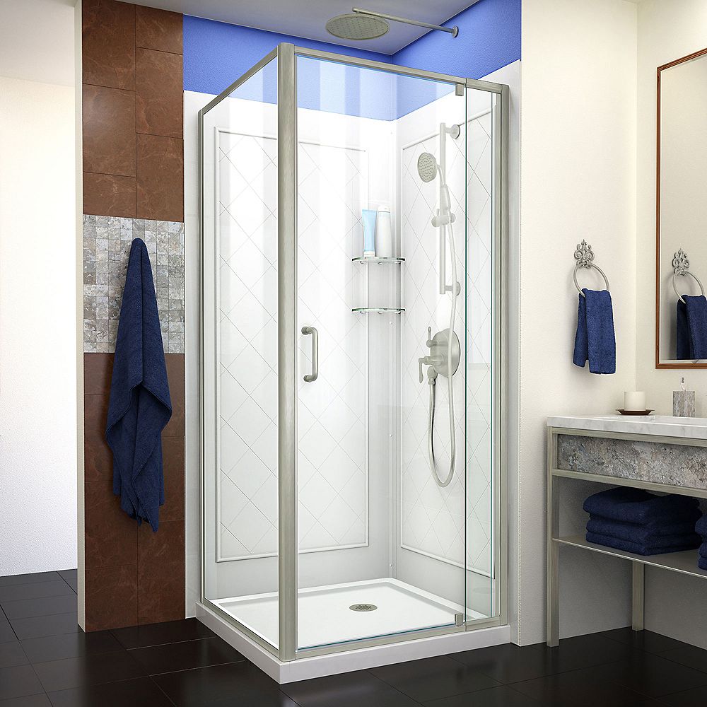 DreamLine Flex 36 inch D x 36 inch W Shower Enclosure in Brushed Nickel with White Base an 