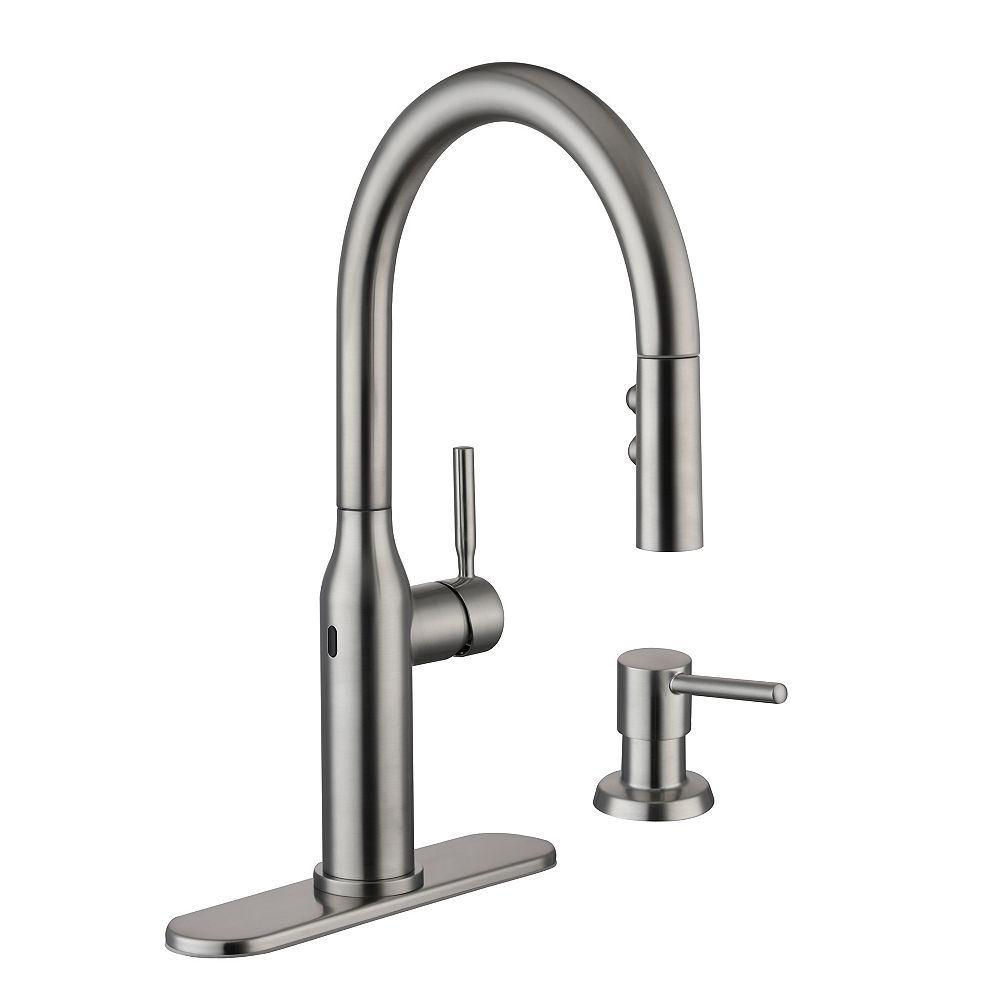 Glacier Bay Upson Single Handle Touchless Pull Down Sprayer Kitchen Faucet With Soap Dispe The Home Depot Canada