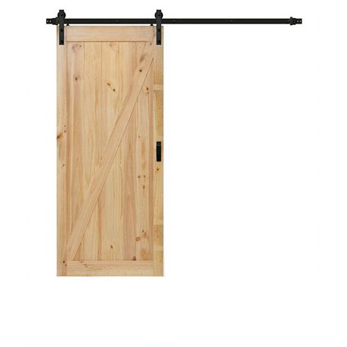 TRUporte 36 inch x 84 inch Pine Z Design Rustic Barn Door with Modern Sliding Door Hardware Kit