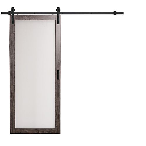 TRUporte 36 inch x 84 inch Iron Age 1 Lite Frosted Glass Rustic Barn Door w. Modern Sliding Door Hardware Kit