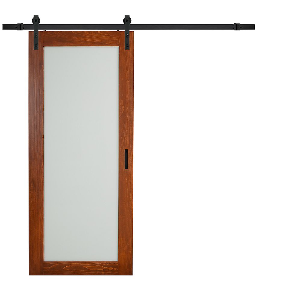 Truporte 36 Inch X 84 Inch Cherry 1 Lite Frosted Glass Rustic Barn Door