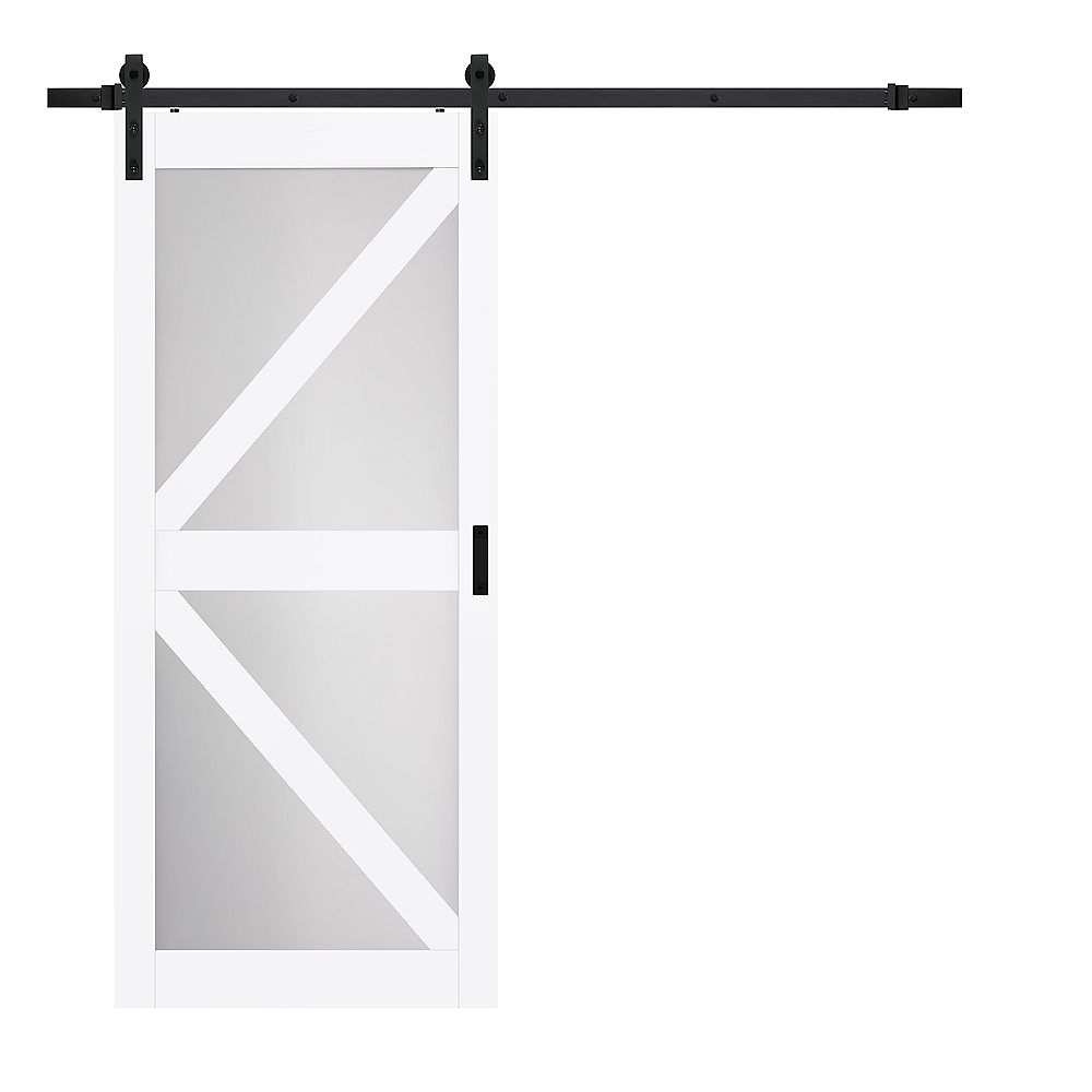 Truporte 36 Inch X 84 Inch White K Lite Frosted Glass Rustic Barn Door With Modern Sliding