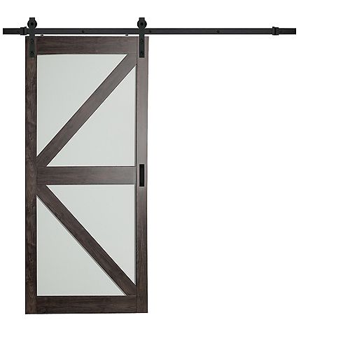 TRUporte 36 inch x 84 inch Iron Age K Lite Frosted Glass Rustic Barn Door with Modern Sliding Door Hardware Kit