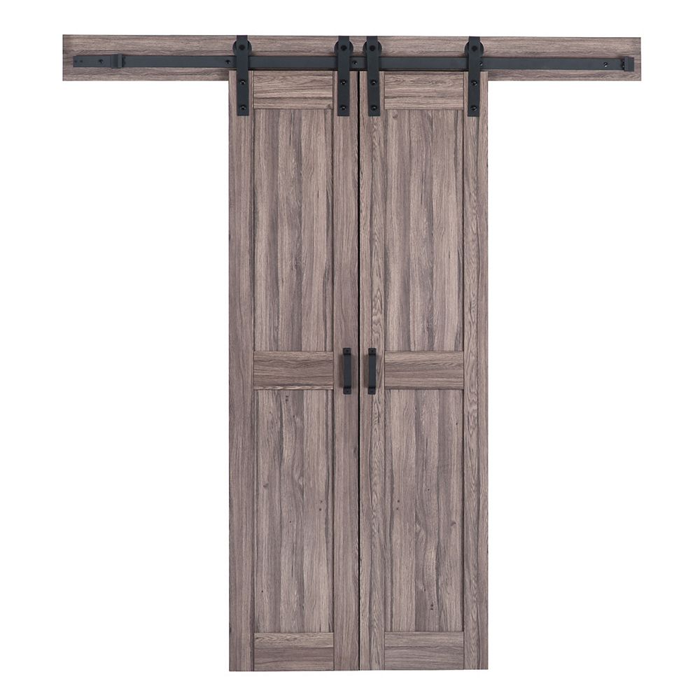 TRUporte 18 inch x 84 inch Taupe Gray Two Panel Biparting Rustic Barn Door with Sliding Do