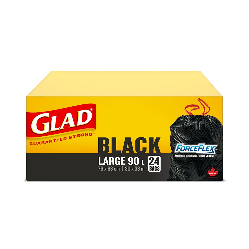 Glad Black Garbage Bags Large 90 Litres ForceFlex, Drawstring, 24