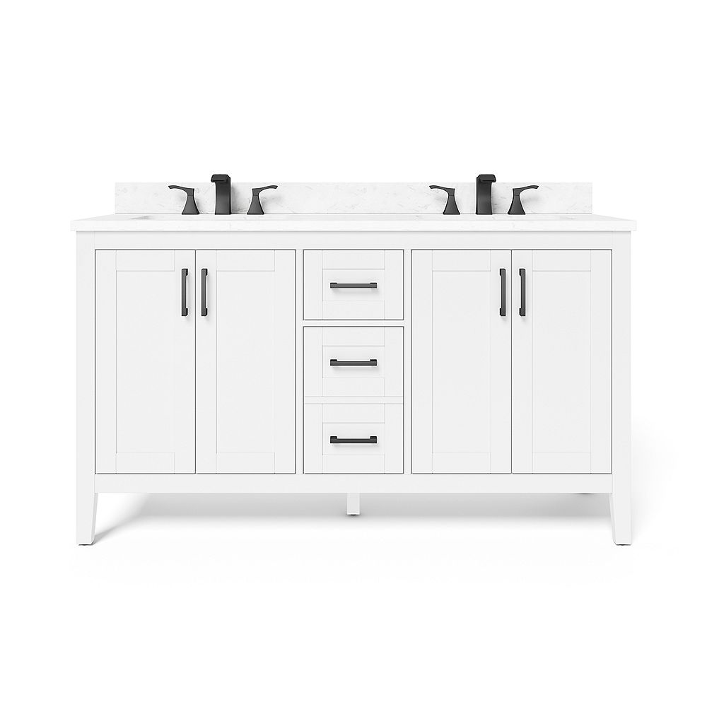 Home Decorators Collection Ellia 60 Inch 4 Door 2 Drawer Bathroom Vanity In White With Eng The Home Depot Canada