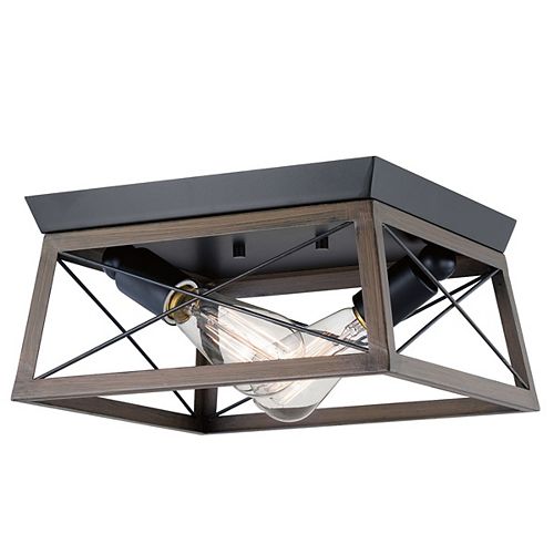 Briarwood 2-Light Black Flushmount Light Fixture with Rich Oak Accents