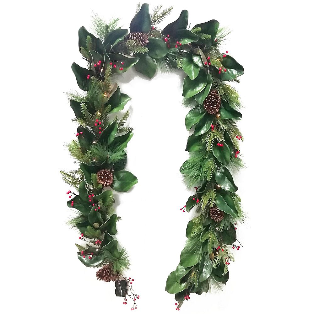 Home Accents 9 ft. 35 Warm White LEDLit Magnolia Leaf Garland with Timer The Home Depot Canada