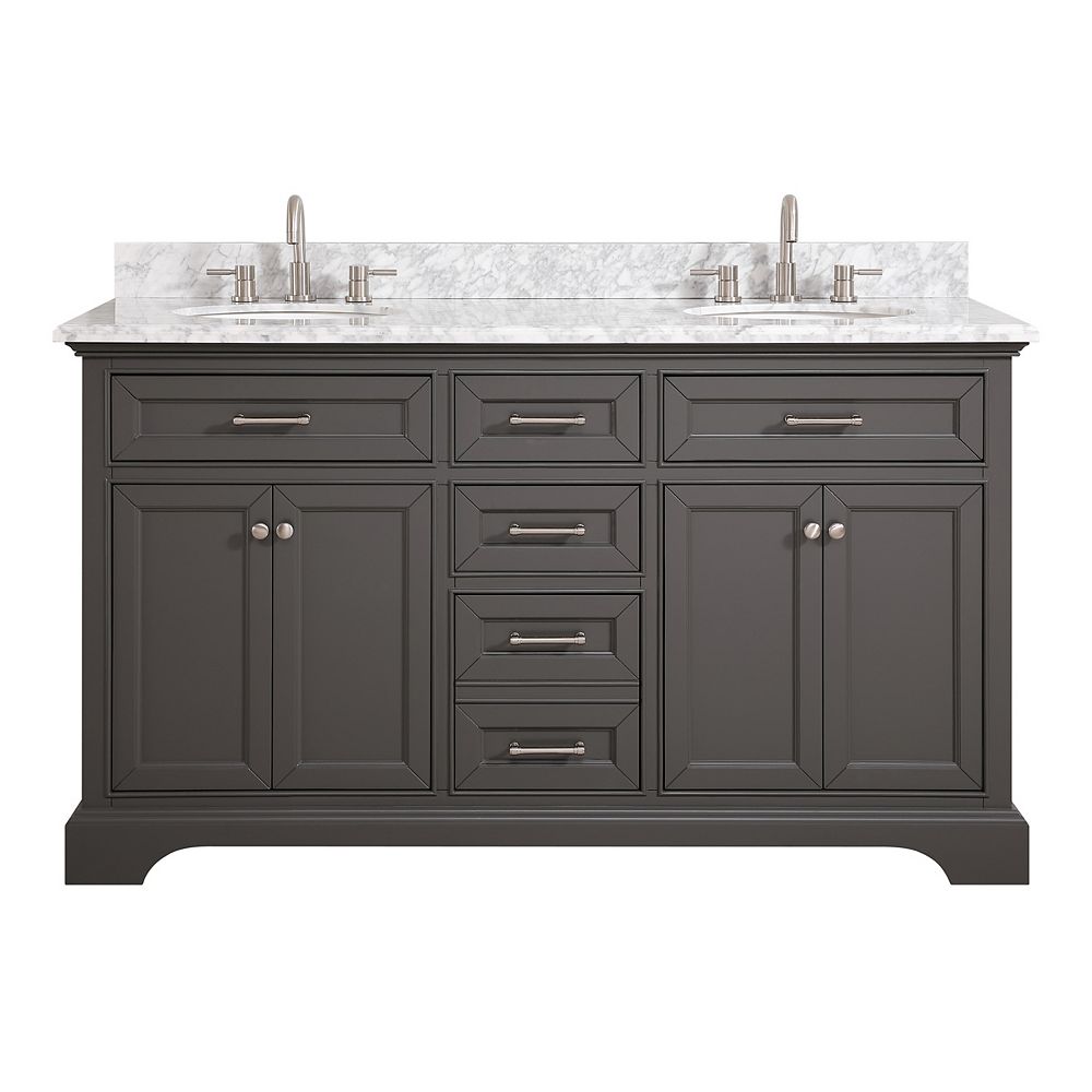 Home Decorators Collection Windlowe 61 Inch Bath Vanity In Grey With Carrara Marble Top In The Home Depot Canada