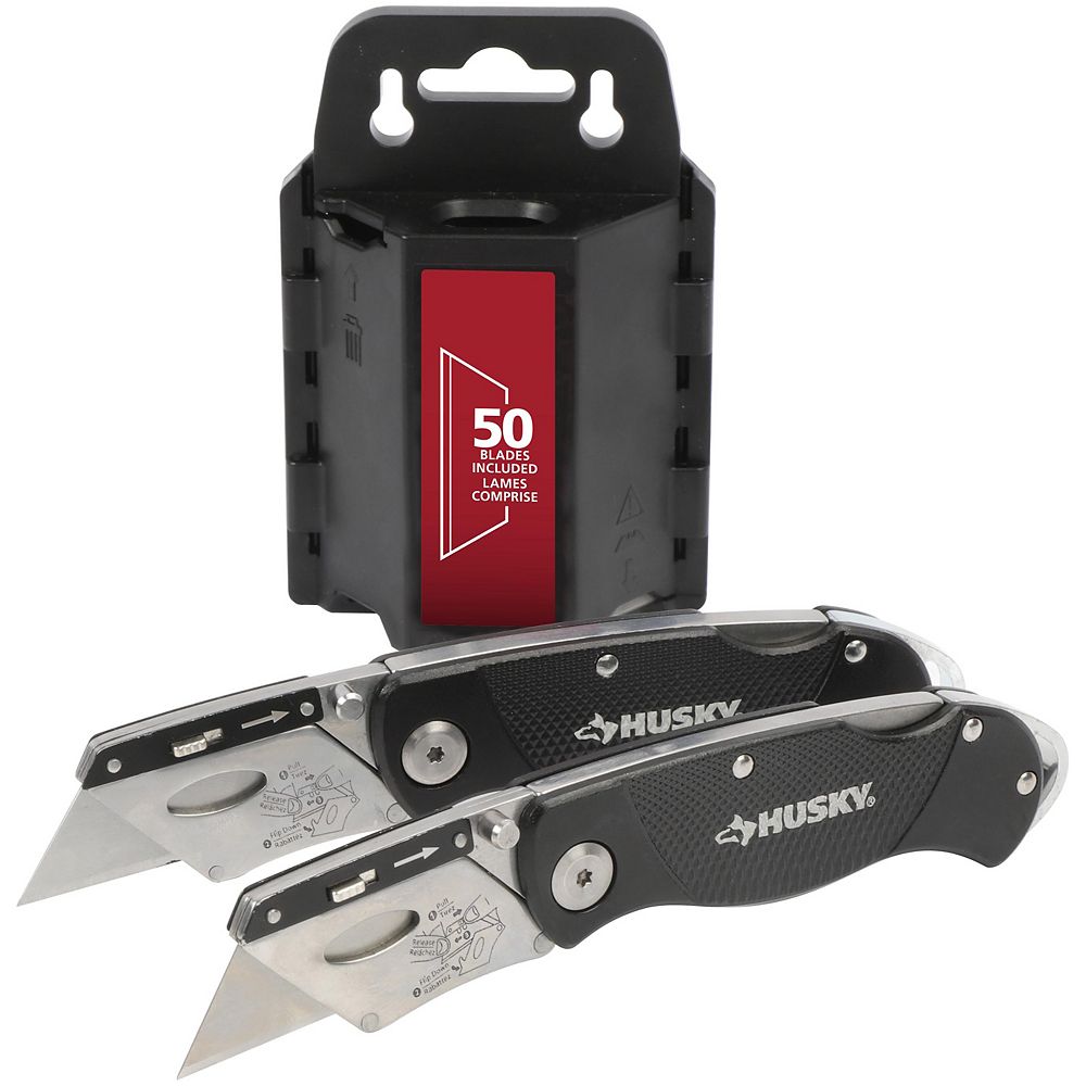 Husky Folding Utility Knife (2Pack) with Blade Refills (50Pack) The