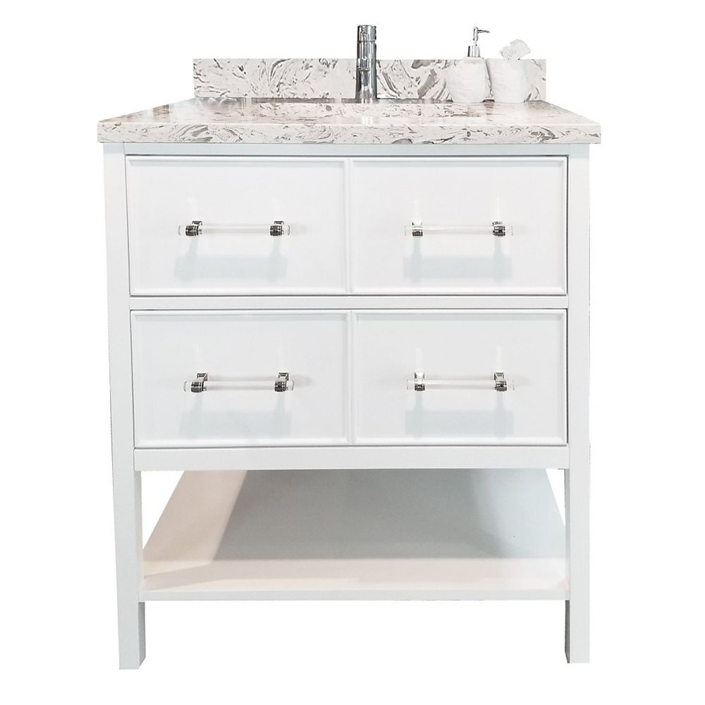 LUKX Bold Gemma 30 inch White Vanity with Quartz Top in Milky Way | The Home Depot Canada