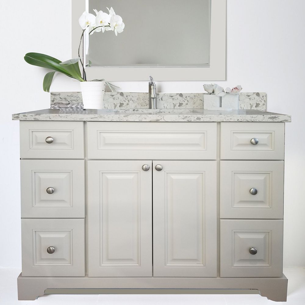 LUKX Bold Damian 48 inch Antique White Vanity with Quartz Top in Milky 48 inch white bathroom vanity with gold hardware
