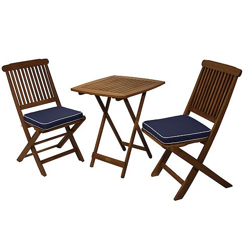 3 Pc Square Bistro Set with Blue Cushions