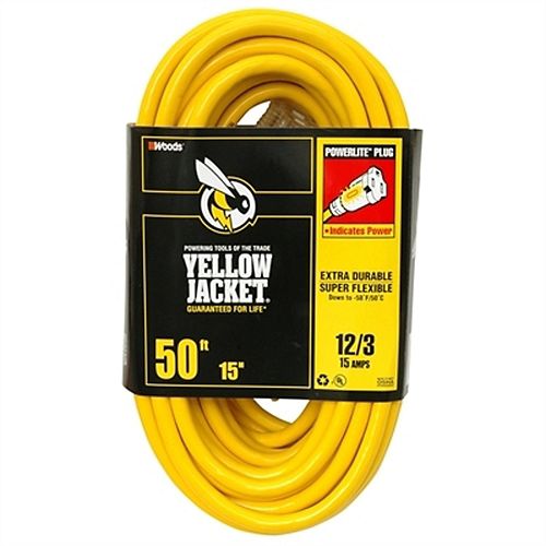 Outdoor Lighted End Extension Cord 12/3 SJTW 50 ft. (15.2 M)