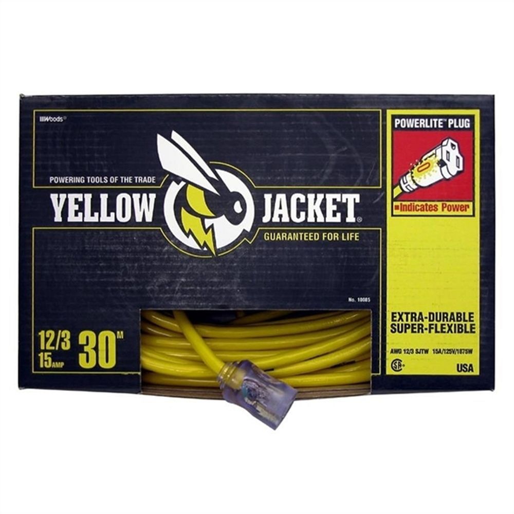 Yellow Jacket Outdoor Lighted End Extension Cord 12/3 SJTW 100 ft. (30.