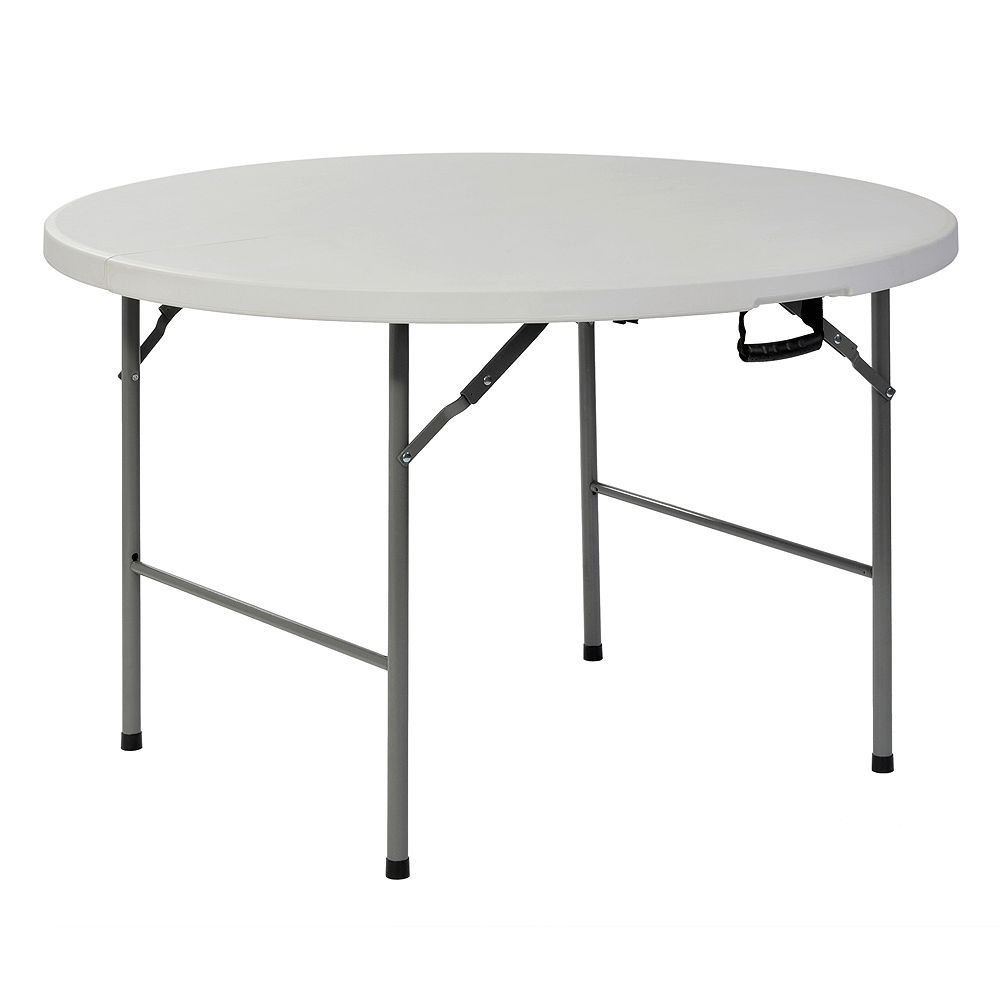 Sandusky White Plastic 4 ft. Round Fold-in-Half Table | The Home Depot A Table With A Round Top Is Cut In Half