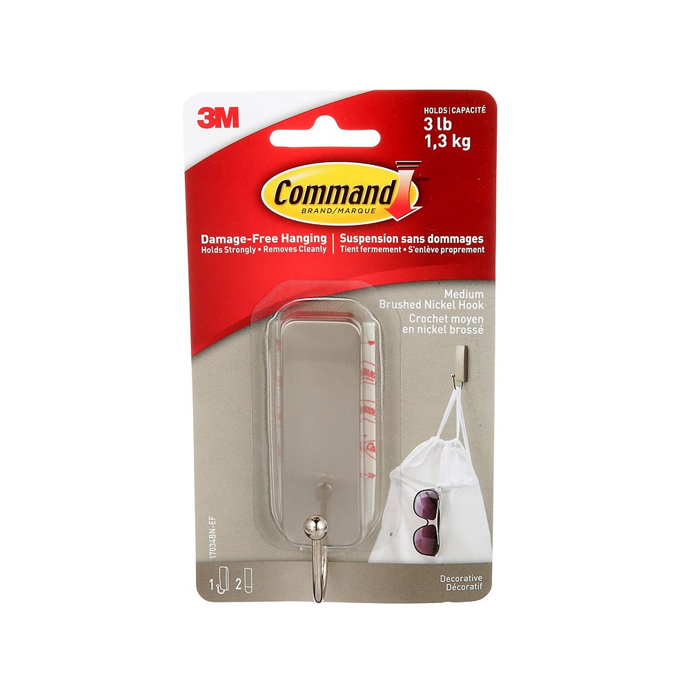 Command Hook, Brushed Nickel, Medium, 1 Hook and 2 Strips/Pack The