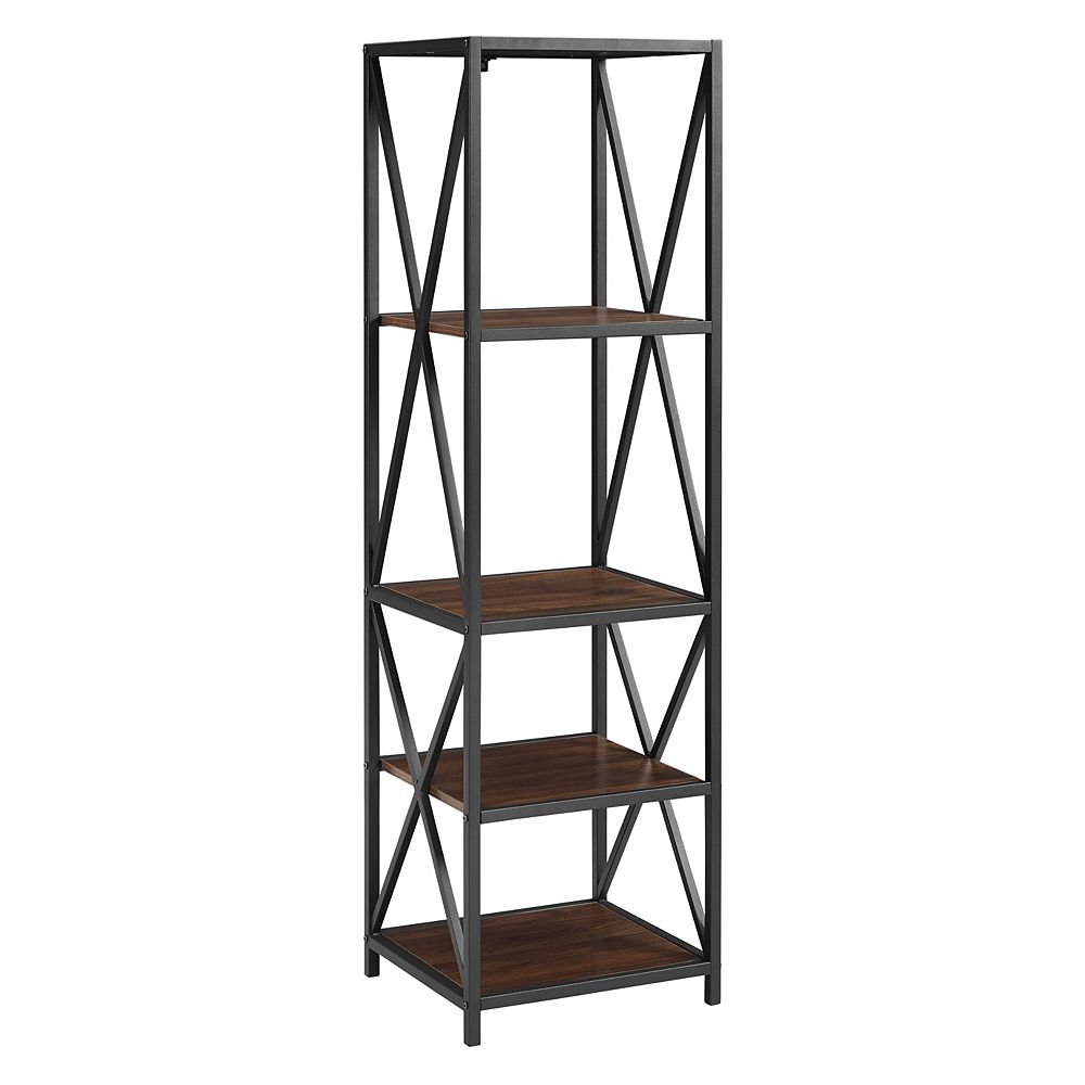 Welwick Designs 4 Shelf Metal Wood Tall Bookcase Dark Walnut The