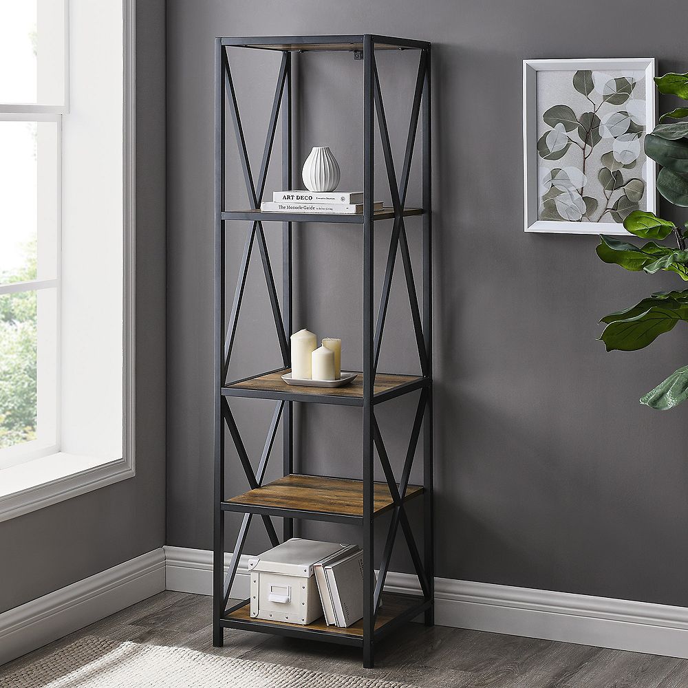 Welwick Designs 61inch Rustic Oak/Black Metal 4shelf Etagere Bookcase