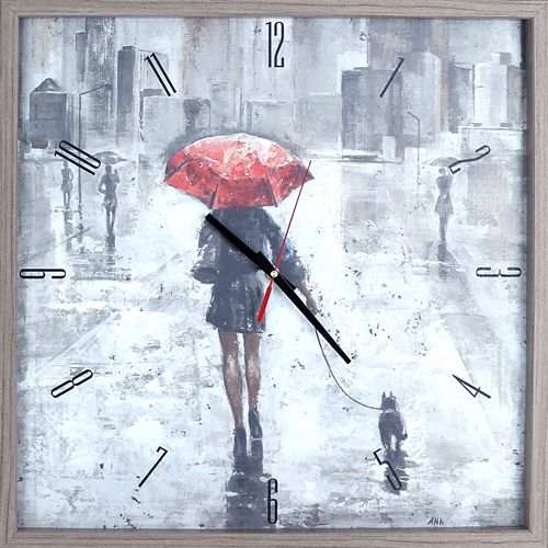 Figurative Red Umbrella Print Framed Texture Decorative Silent Art Clock,  21.25X21.25