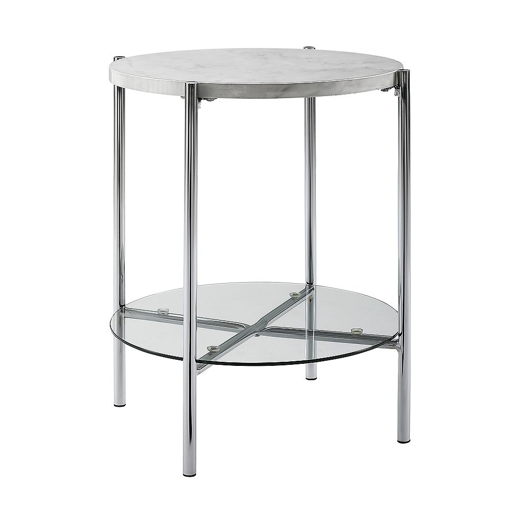 Welwick Designs 20 Inch White Marble, Round Glass Top Side Table With Shelf