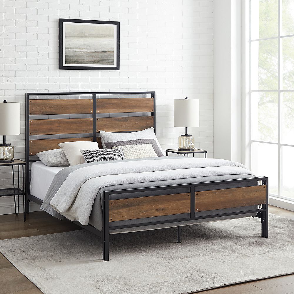 Welwick Designs Wood Plank And Metal Queen Size Bed And Frame Reclaimed Barnwood The Home Depot Canada