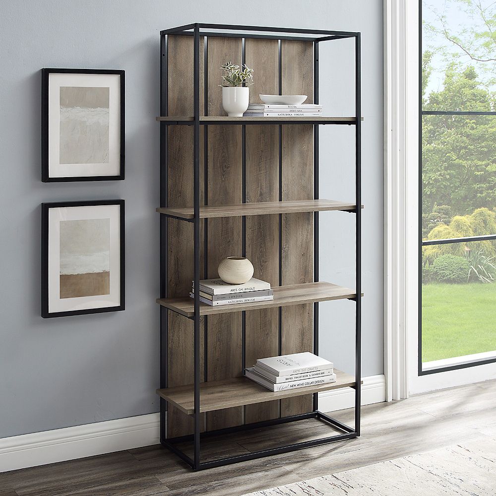 Welwick Designs 4 Shelf Farmhouse Bookcase - Grey Wash, Black Metal ...