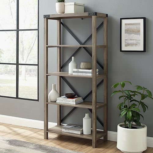 64-inch Gray Wash Wood 4-shelf Etagere Bookcase with Open Back