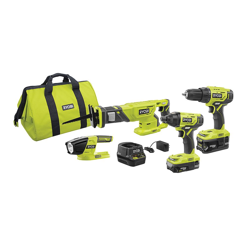 RYOBI 18V ONE+ LithiumIon Cordless 4Tool Combo Kit with (2) Batteries, Charger, and Bag The