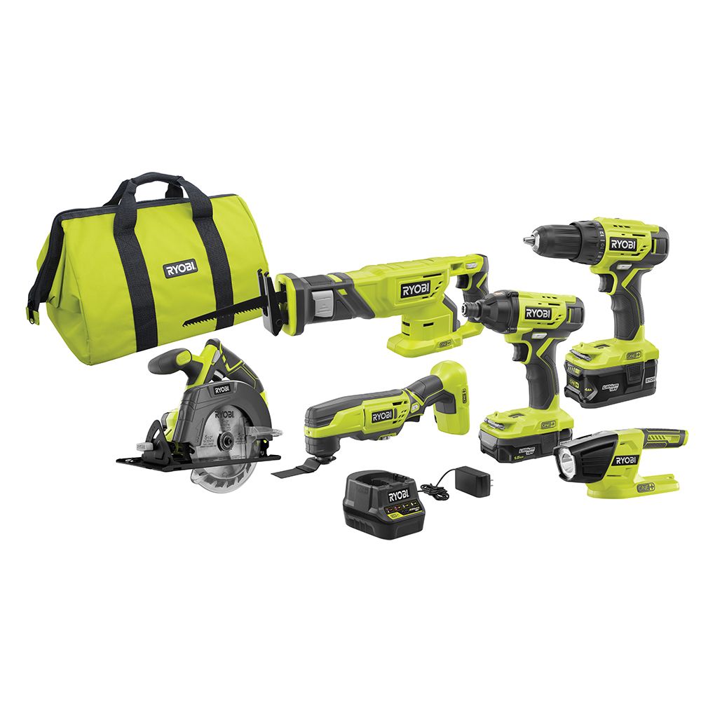 RYOBI 18V ONE+ Lithium-Ion Cordless 6-Tool Combo Kit with (2) Batteries, Charger, and Bag