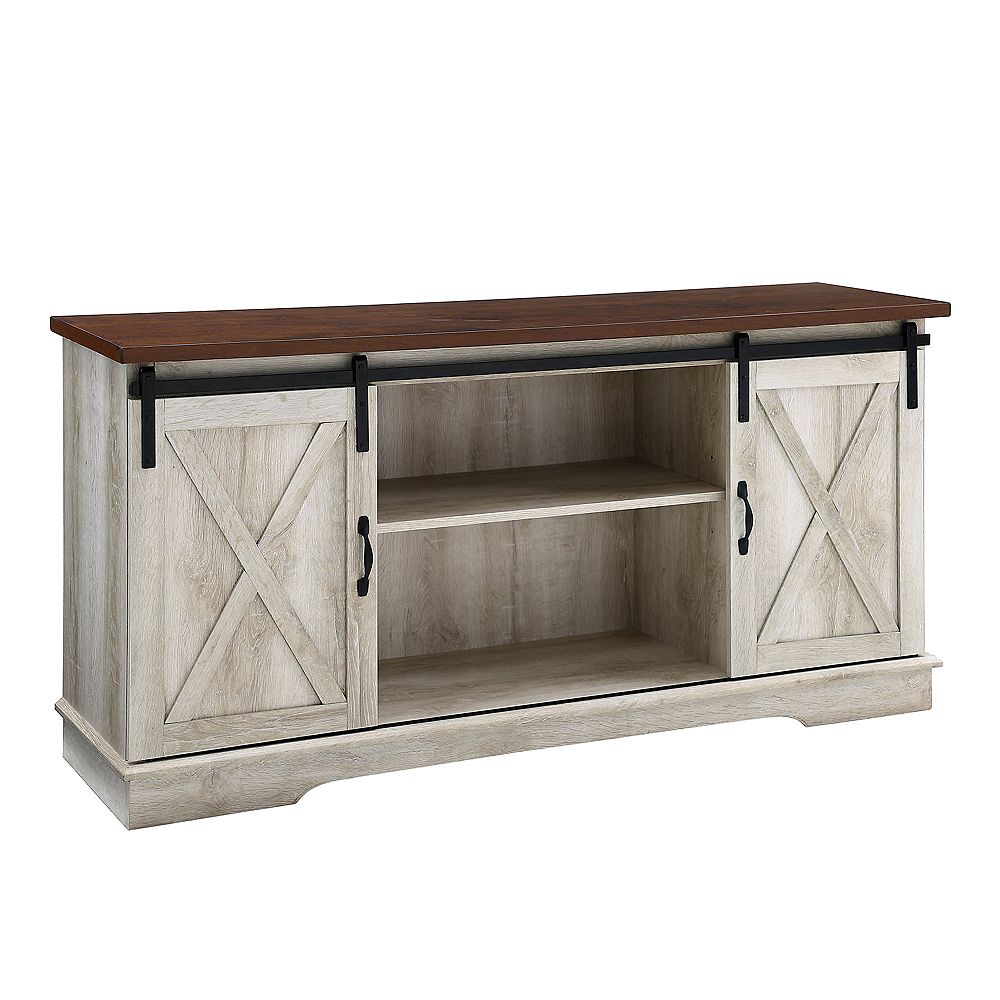 Welwick Designs Modern Farmhouse Barn Door Tv Stand For Tv S Up To 64 Inch White Oak The Home Depot Canada