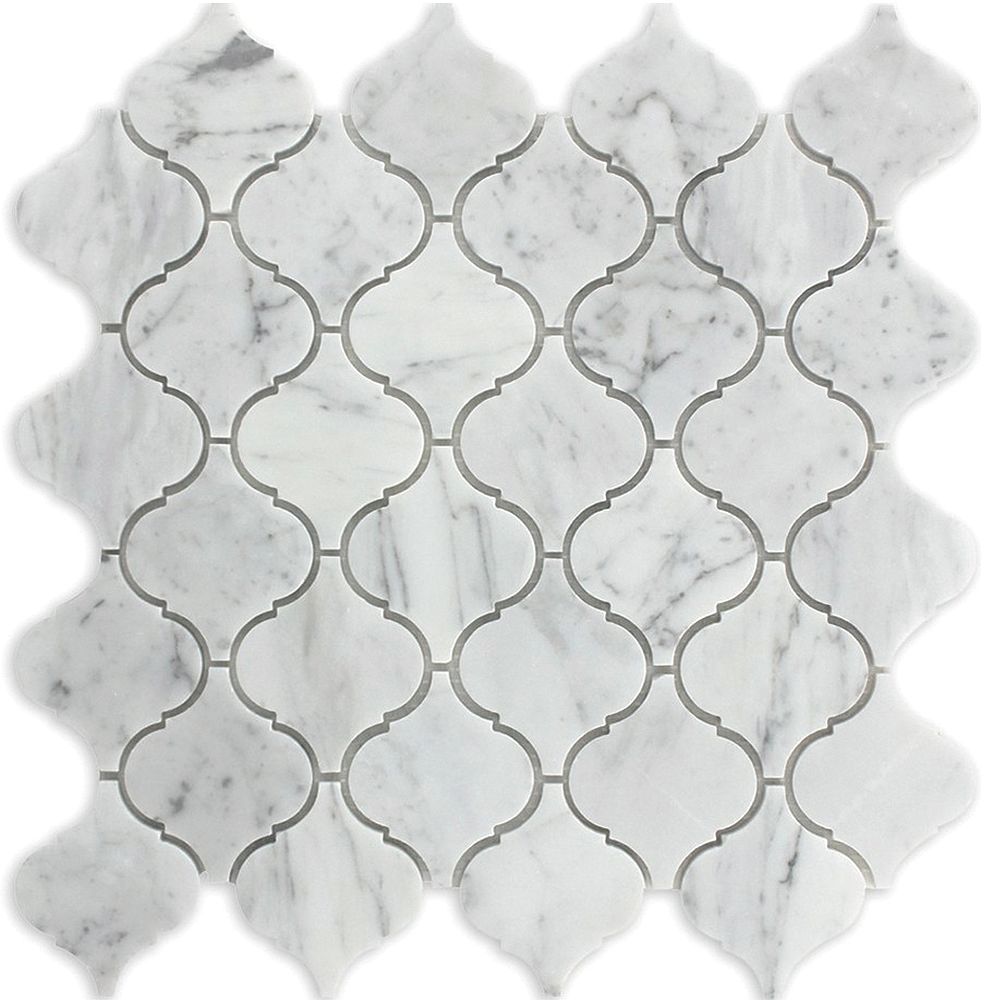 Modamo Bianco Carrara Arabesque Polished White 2 Inch Marble Wall And