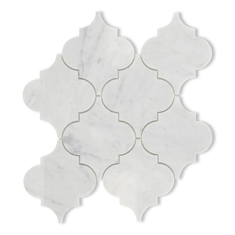 Modamo Bianco Carrara Arabesque Polished White 5 Inch Marble Wall And