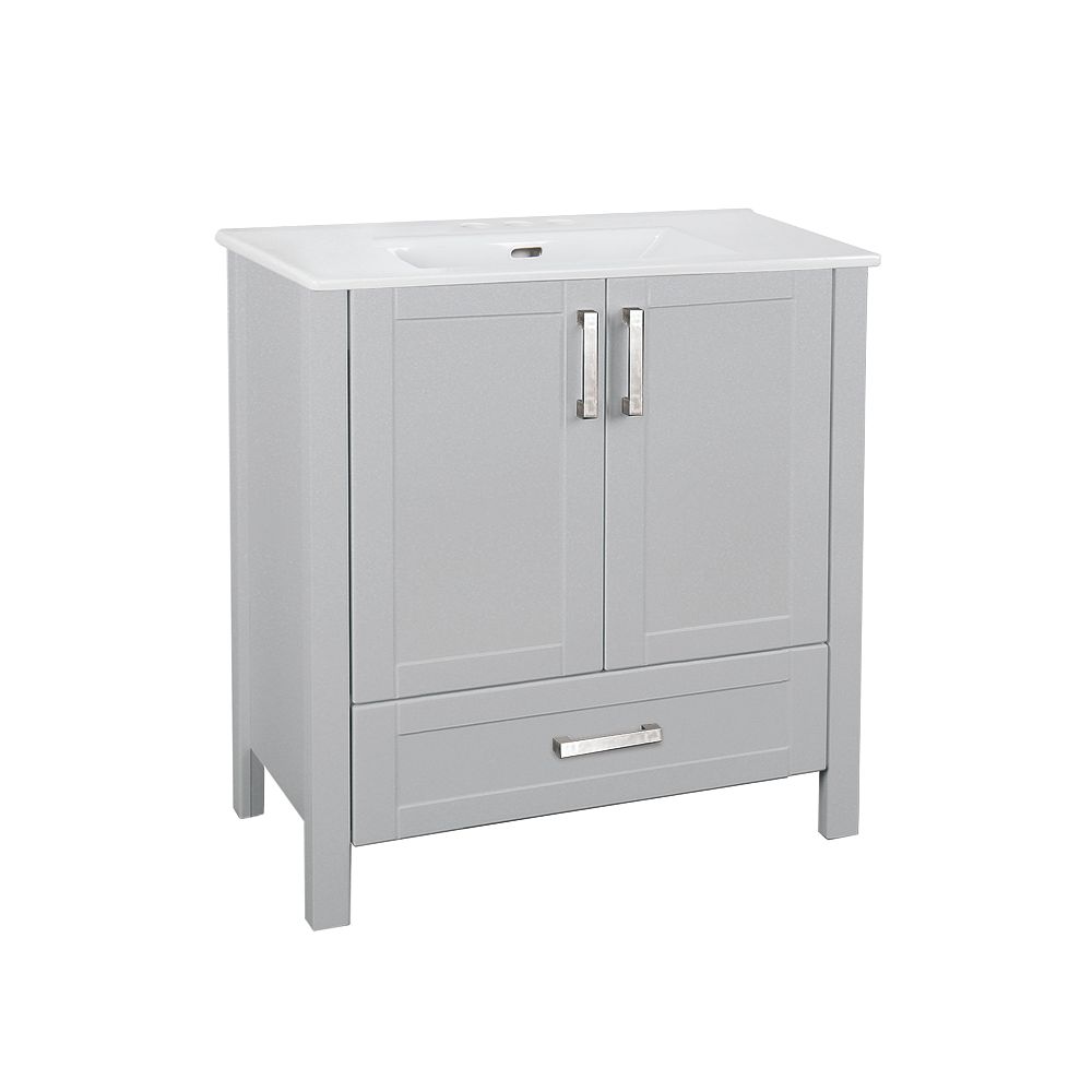 Glacier Bay Delchester 30 Inch Vanity With Thin Ceramic Top Light Grey Finish The Home Depot Canada