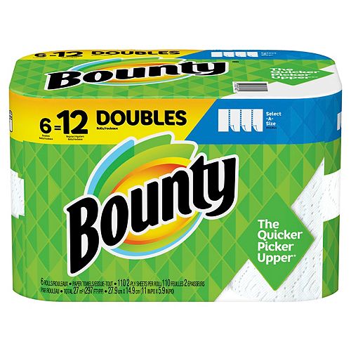 Bounty Bounty Select-A-Size Paper Towels, White, 6 Double Rolls = 12 Regular Rolls, 6 Count