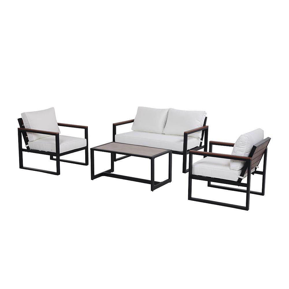 Hampton Bay West Park 4-Piece Aluminum Patio Conversation Set in Black with White CushionG 