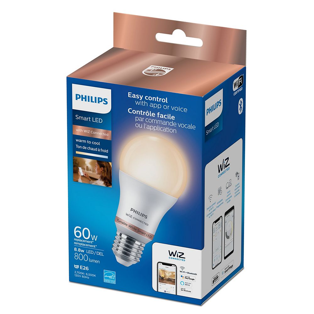 Philips Wiz 60w A19 Frosted Tunable White Led Smart Home Wi Fi Light Bulb The Home Depot Canada 0613