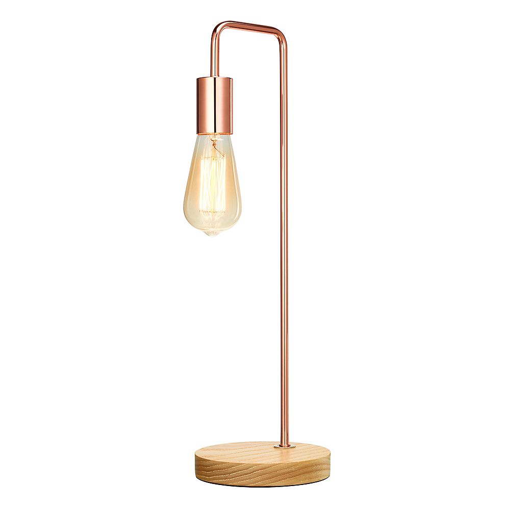 Home Luminaire Industrial Table Lamp With Exposed Bulb Rose Gold And Wood Finish The Home Depot Canada