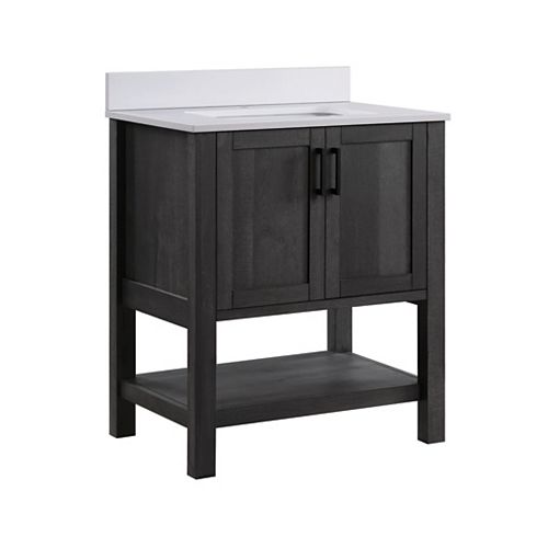 Grafton 30-inch 2-Door Bathroom Vanity in Weathered Dark Brown Finish with Engineered Stone Top in Bright White