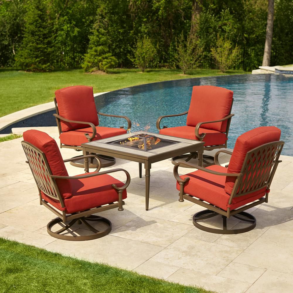 Hampton Bay Oak Cliff 5 Piece Metal Patio Fire Pit Conversation Set   P 1001431825 