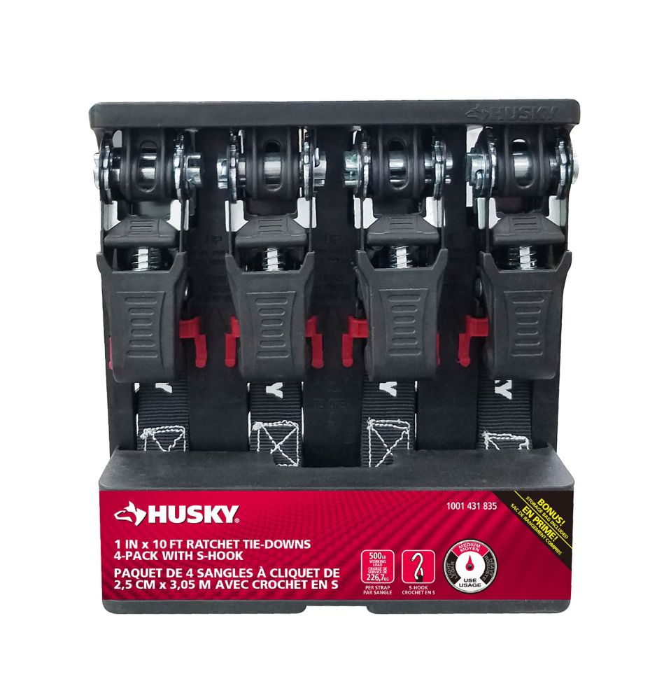 HUSKY 1 inch X10 ft. ratchet TieDown W S hooks 4PK The Home Depot Canada