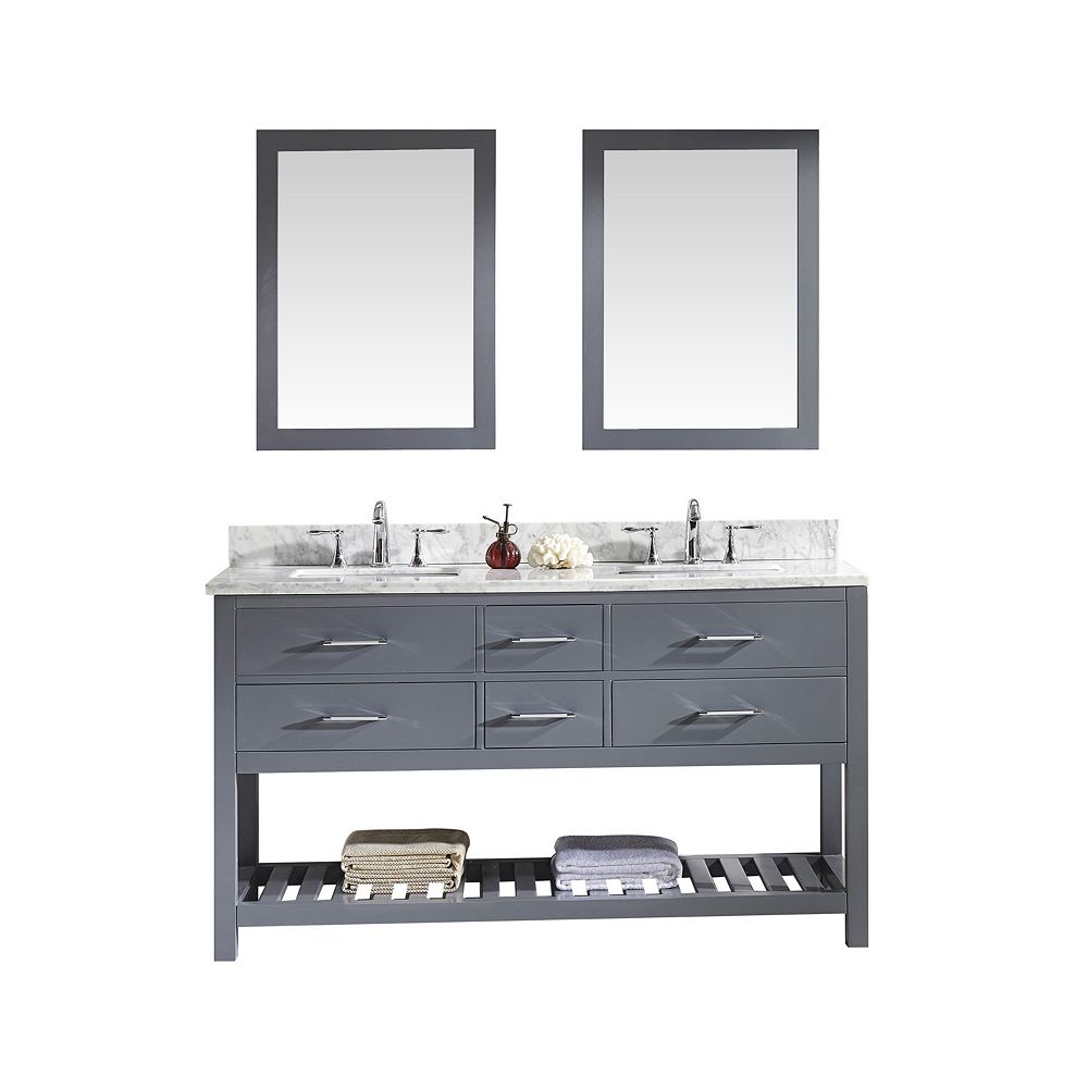 Virtu USA Caroline Estate 60inch Double Vanity in Grey with Marble Top