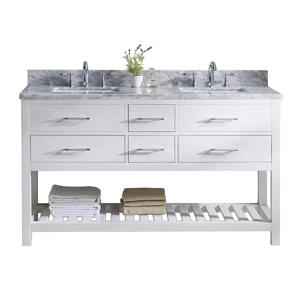 Virtu USA Caroline Estate 60inch Double Vanity in White with Marble