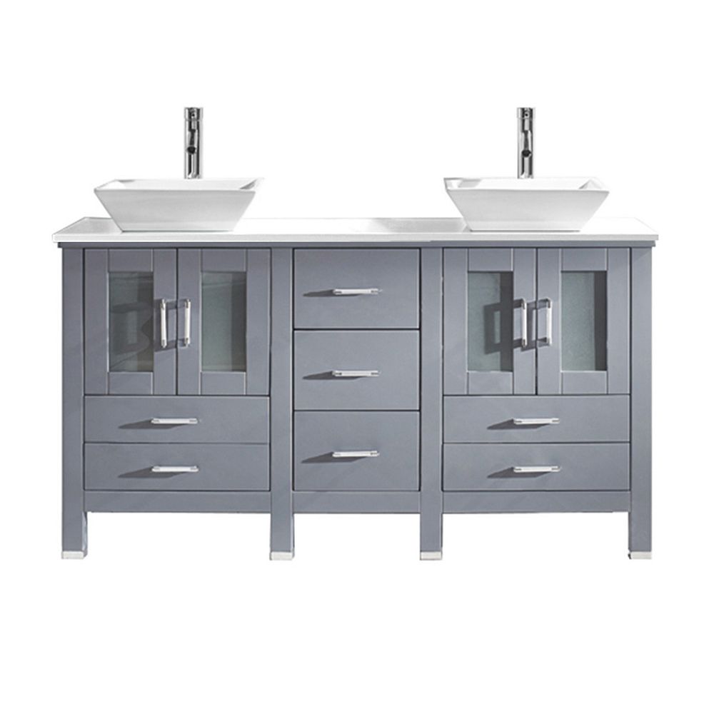 Virtu USA Bradford 60inch Double Vanity in Grey with Stone Top, Square