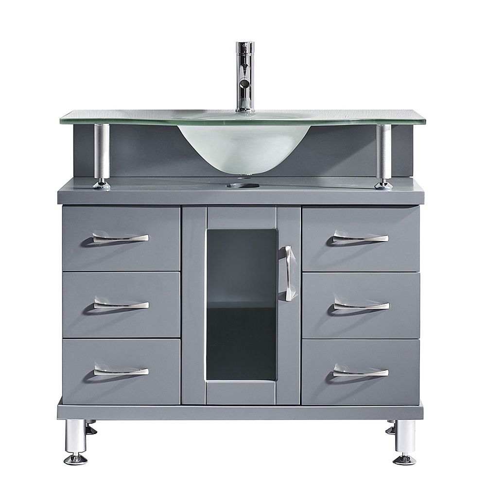 Virtu Usa Vincente 36 Inch Single Vanity In Grey With Frosted Glass Top Virtu Usa Vincente 36 Inch Single Vanity In Grey With Frosted Glass Top