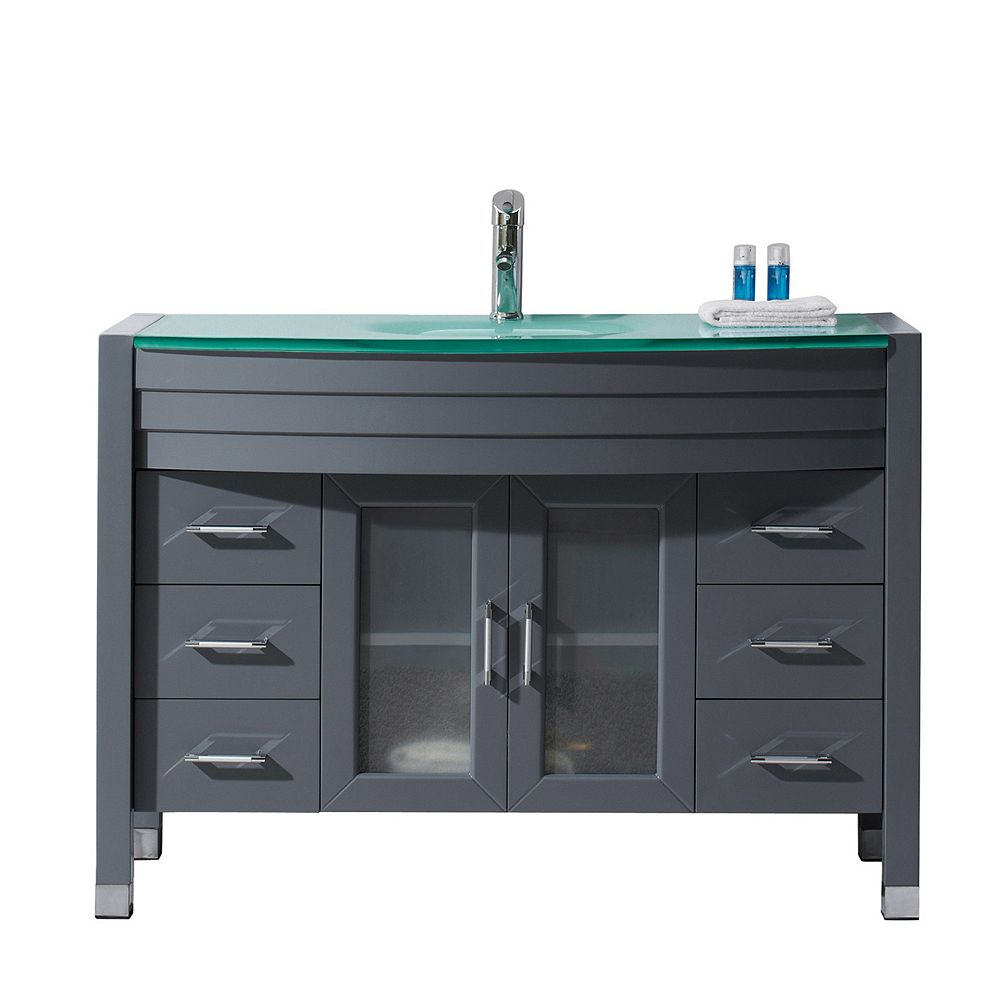 Virtu USA Ava 48inch Single Vanity in Grey with Glass Top, Round Sink