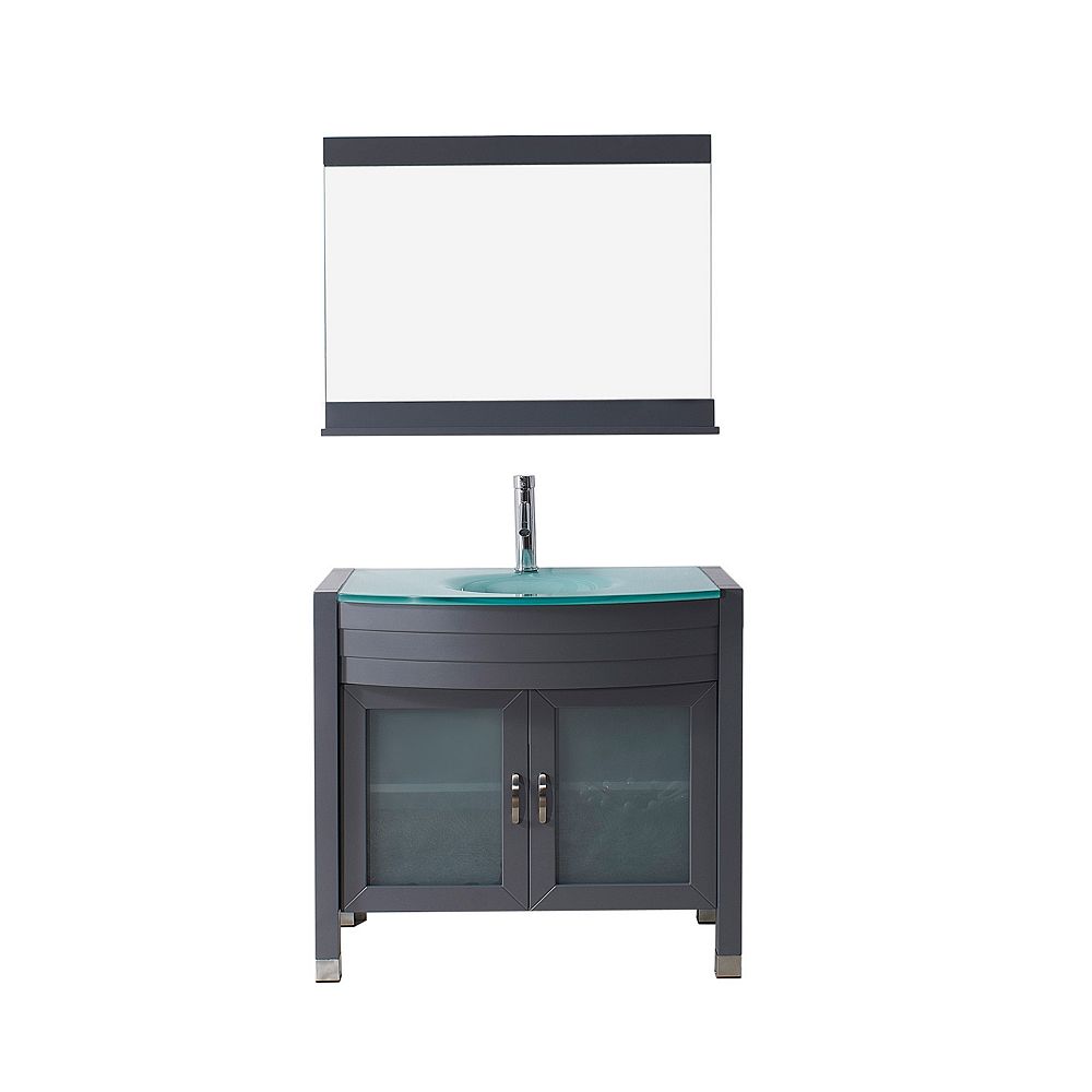 Virtu USA Ava 36inch Single Vanity in Grey with Glass Top, Round Sink