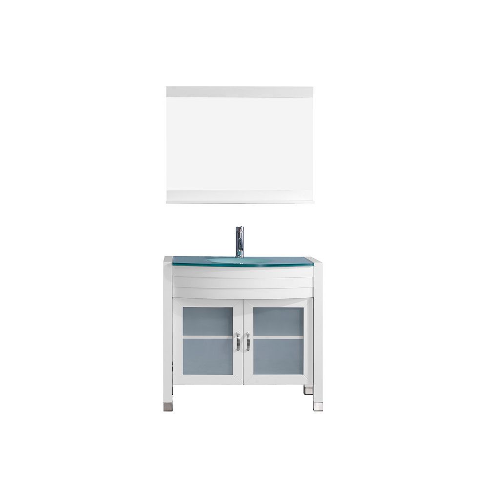 Virtu USA Ava 36inch Single Vanity in White with Glass Top, Round Sink